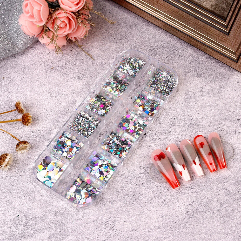 Nail Glitter Polish 12 Grids Colorful Mirror Effect Shimmer Pearl Powder Pigment