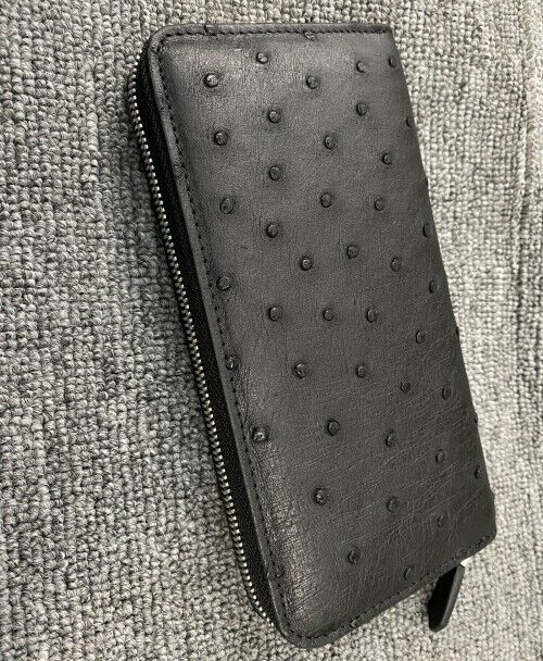 Black Real Ostrich skin Leather Men's Clutch Bag Business Long Zipper Wallet