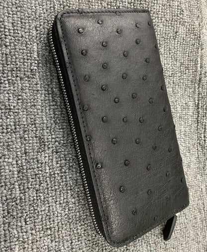 Black Real Ostrich skin Leather Men's Clutch Bag Business Long Zipper Wallet