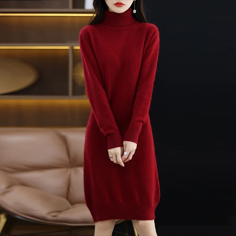 Women's High Back Collar Long Sweater Casual Long Sleeve Dress