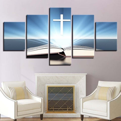 Religious Books Cross 5 Pieces Canvas Print Wall Art Poster Home Decoration