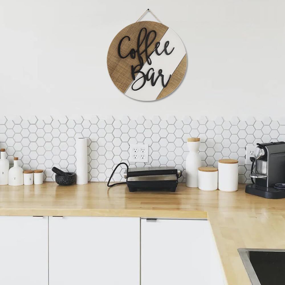 Wooden Coffee Bar Decor Round Rustic Farmhouse Wall Sign Decoration Gift (Brown)