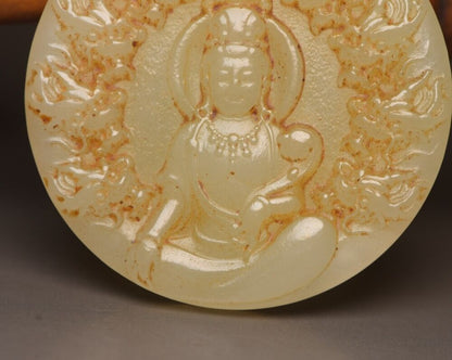 Antique Chinese Hetian Jade Carving Kowloon Guanyin Statue Lucky Pendant Amulets
