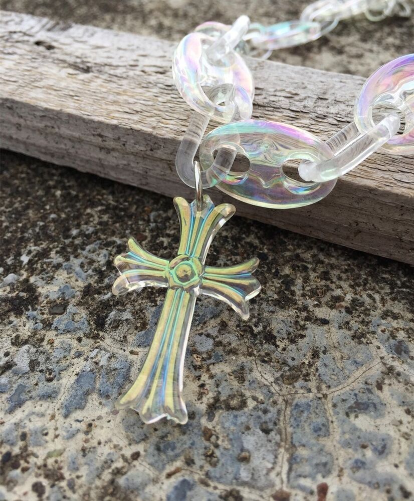 Women Necklace Cross Pendants Trendy Iridescent Acrylic Beads Chain Chokers 50cm