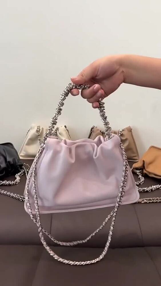 Ruched Real Leather Clutch Purse Pouch Tote Shoulder Bag Crossbody w/ Chains