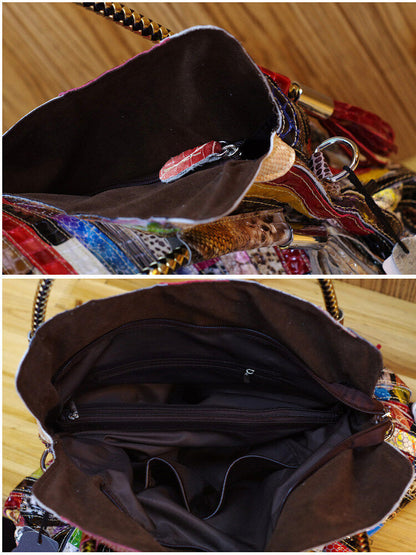 Women's Genuine Leather Snake Stripes Colorful Handbag Shoulder Satchel Tote Bag
