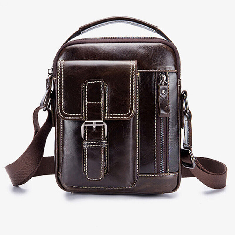 100% Genuine Leather Men's Black Sling Shoulder Bag Crossbody Bag 8 inch Handbag