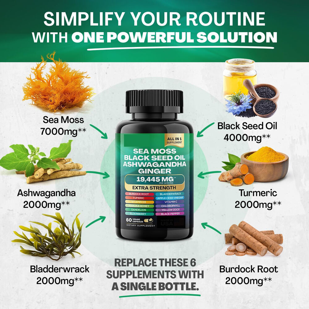 Black Seed Oil 4000Mg Sea Moss 7000Mg Turmeric 2000Mg Ashwagandha 2000Mg
