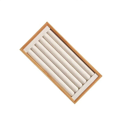 Jewelry Rings Display Holders Bamboo Beige Tray Organizer Stands 22.4x11.2x2.3cm