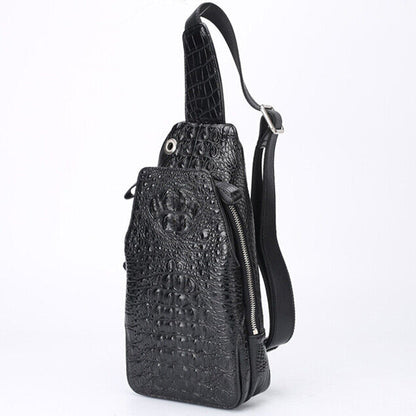 Handcrafted Siamese Crocodile Leather Crossbody Chest Bags Men's Sling Backpack