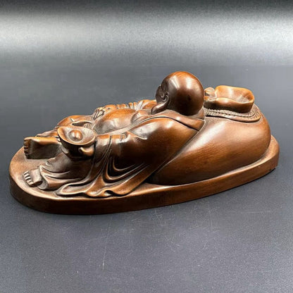 Antique Chinese Boxwood Wood Carved Maitreya Buddha Statue Wooden Decor Artwork