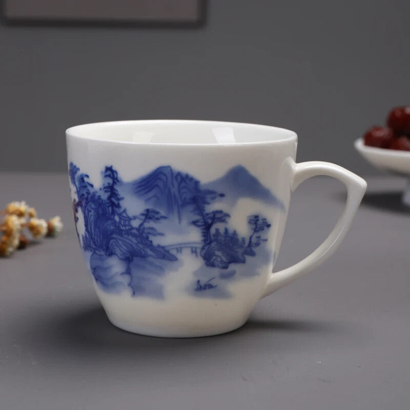 Chinese Blue and White Porcelain Teacup with Handle Office Coffee Cup Ceramic