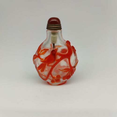 Chinese Old Beijing Glaze Carved Flowers And Birds Snuff Bottle Collectibles Art