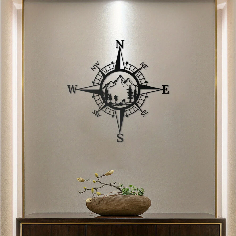 Metal Compass Art Wall Decorations, Line Drawing Home Hanging Art Wall Sculpture