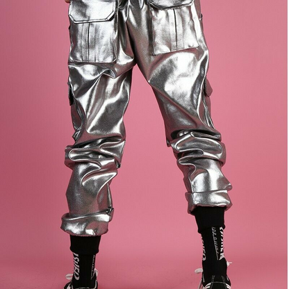 Men's Glossy Harem Pants Nightclub Trousers Hip Hop Dance Shiny Multi-pocket New