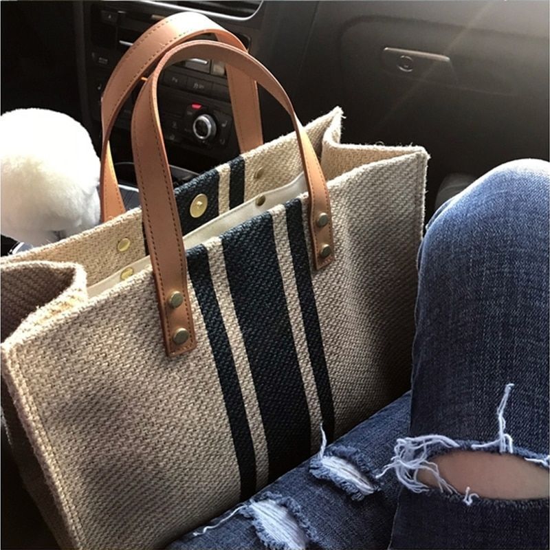 Fashionable Large Handbag Vintage Striped Portable Business Women Briefcase 33CM