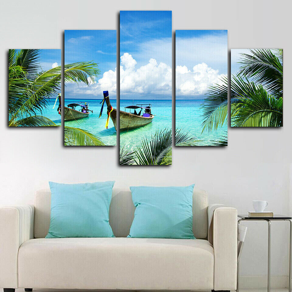 Tropical Beach Boats Island Tree 5 Panel Canvas Print Wall Art Poster Home Decor