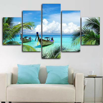 Tropical Beach Boats Island Tree 5 Panel Canvas Print Wall Art Poster Home Decor