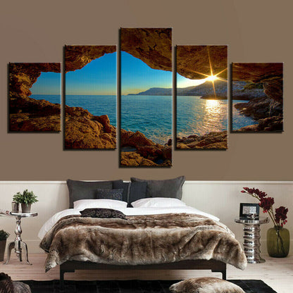 Cave Sunset Ocean Scenery 5 Panel Canvas Print Wall Art Poster Home Decoration