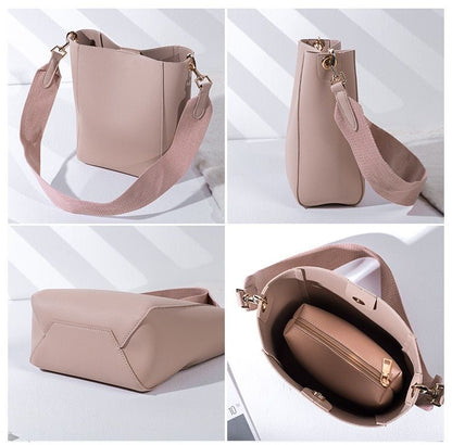 Bucket Shoulder Bag Women Handbags Synthetic Leather Messenger Bags Wide Strap