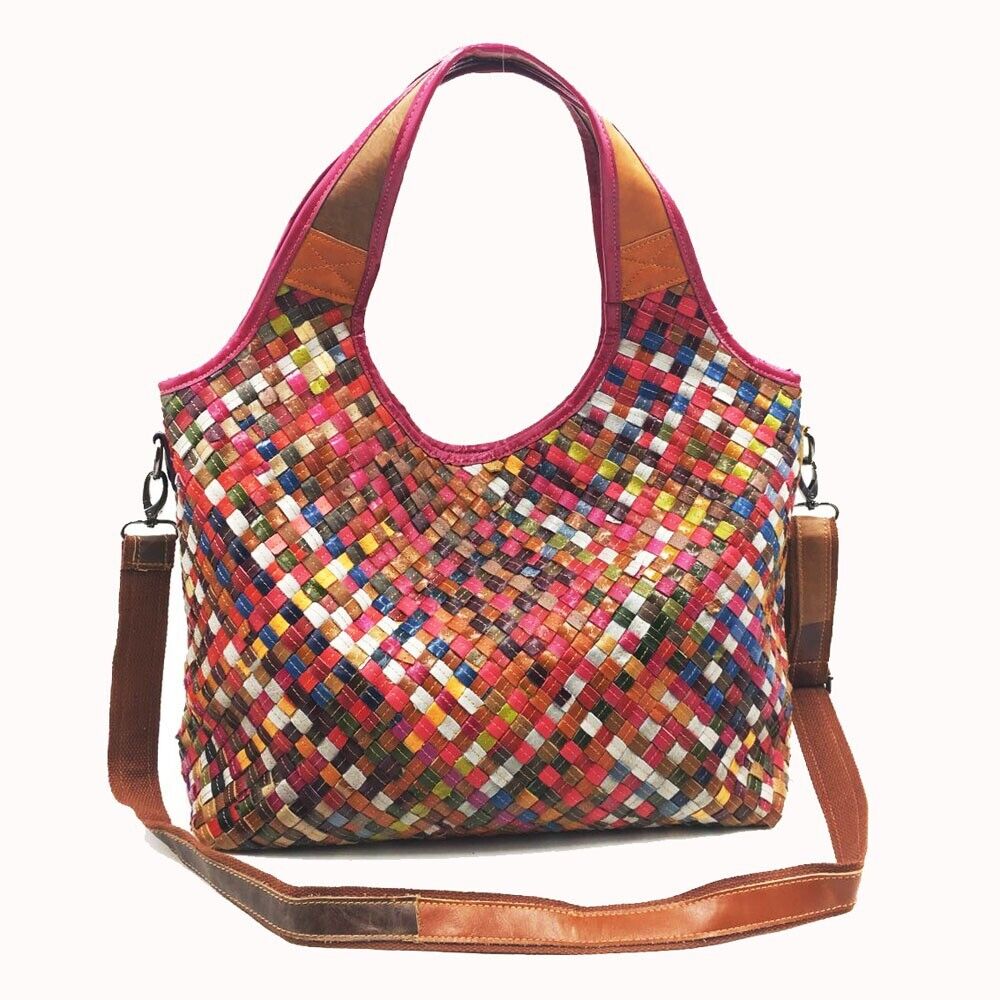 Genuine Leather Multi-color Handbag, Desinger Pure Handmade Weaving Shoulder Bag