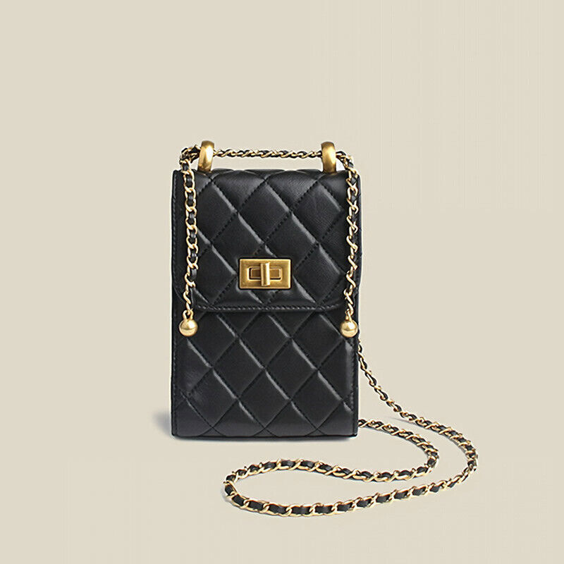 Quilted Lambskin Leather Adjustable Chain Coin Purse Phone Bag Small Flap Wallet