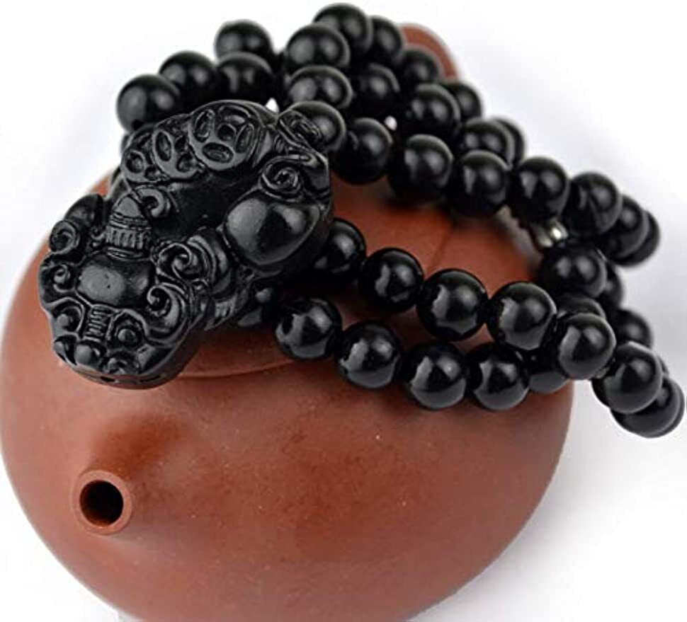 Bian Stone Necklace pixiu guanyin Lucky Pendant Black Beads Round for Men Women