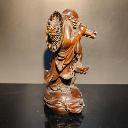 Boxwood carving wooden buddha statue laughing Amitabha sculptures decor figurine