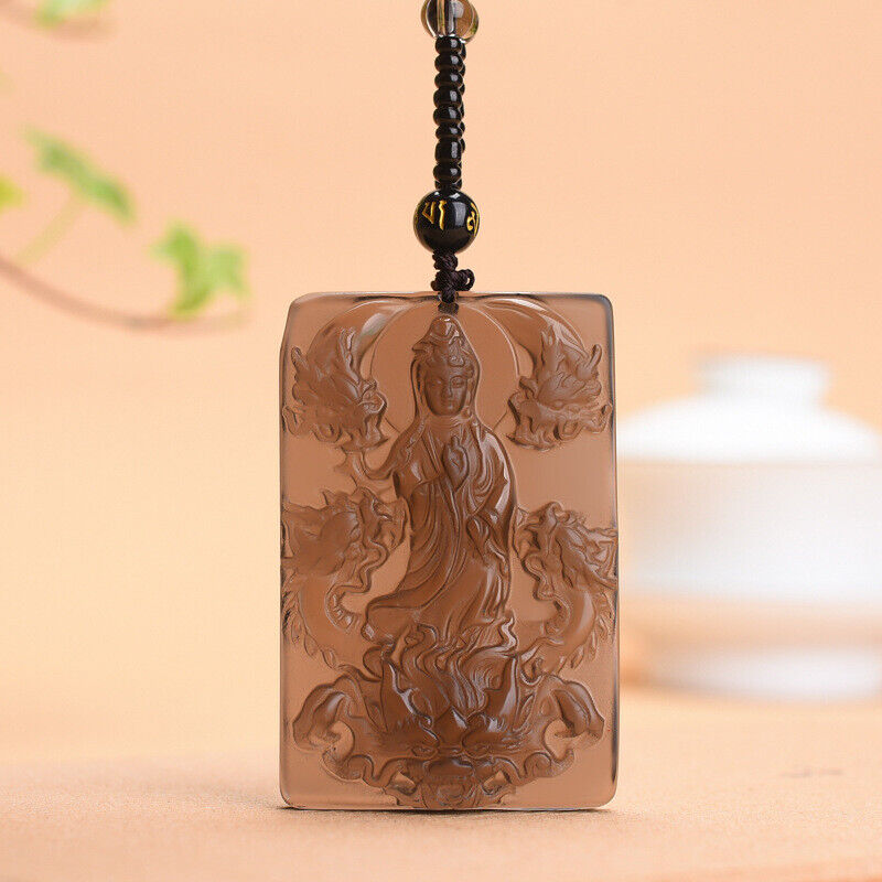 Natural Ice Obsidian Dragon Riding Guanyin Pendant with Necklace Pendant