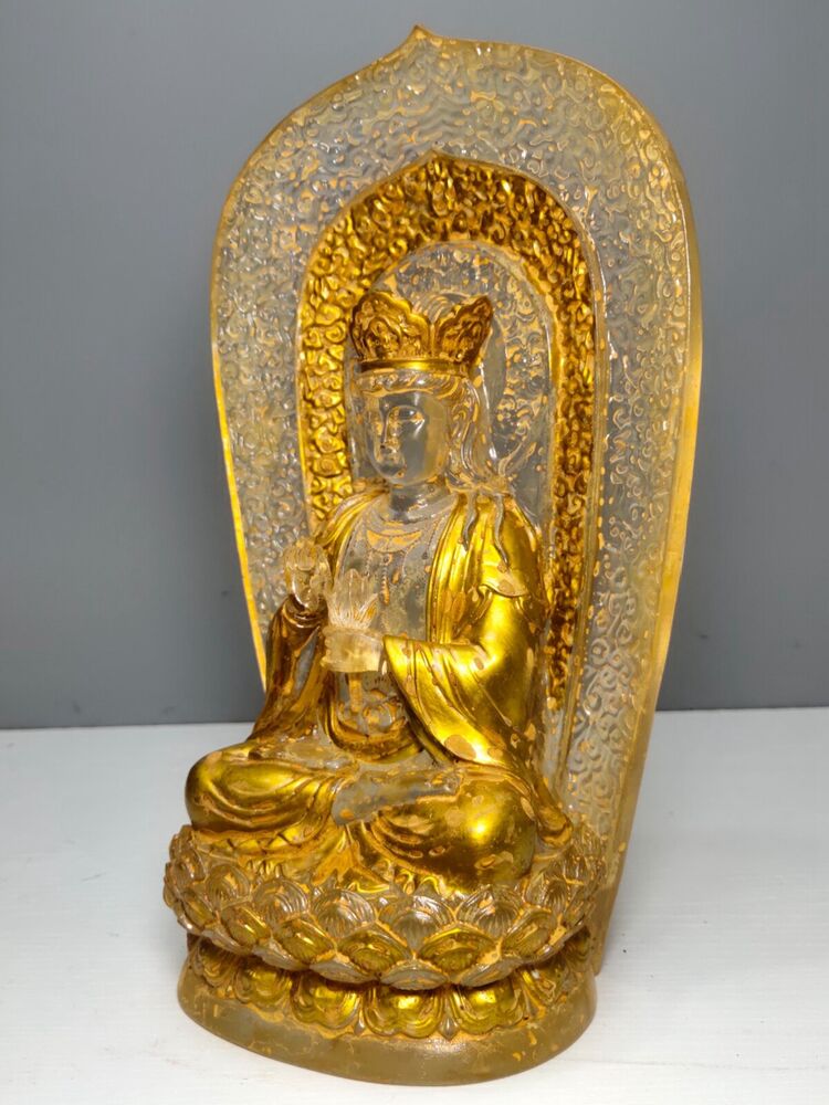 10"Gold Buddha meditation colored glaze Statue Carving glass buddhist large rare