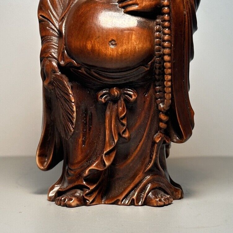 Vintage Chinese Boxwood Carving Laughing Buddha Statue Ornaments Wooden Figurine