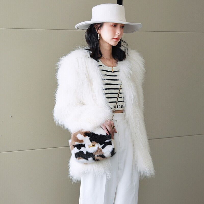 Womens Fashion Genuine Leather Crossbody Bag Real Mink Fur Evening Party Bag