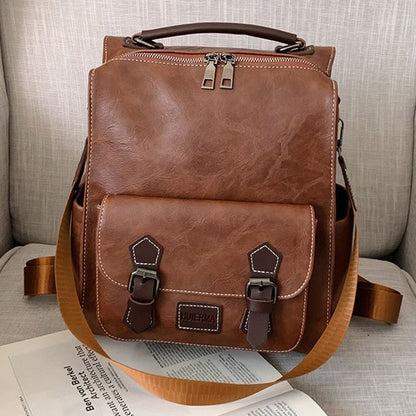 Trendy Backpack Vintage Leather Brown Casual Travel Bag Retro Student School Bag