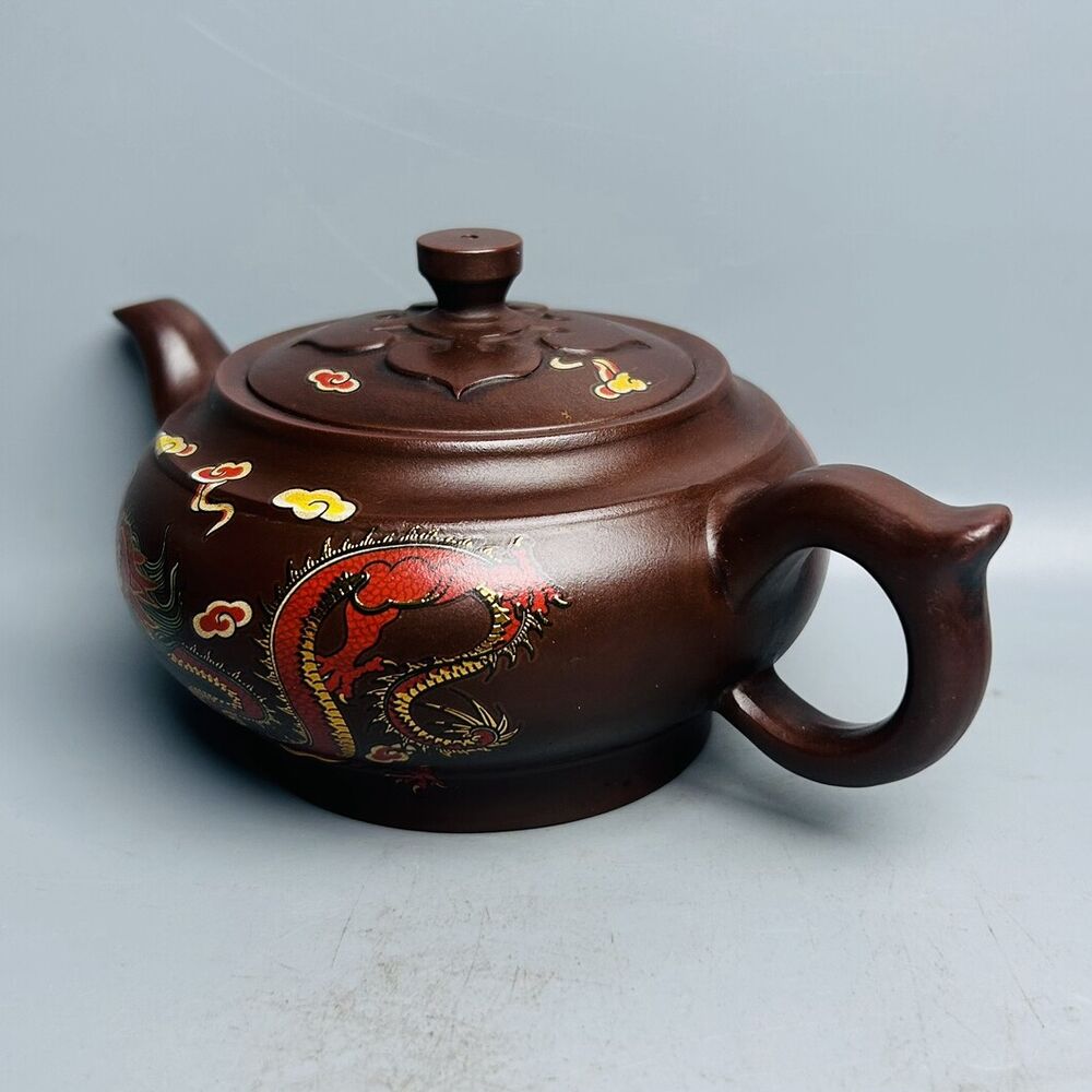 Vintage Chinese Yixing Purple Clay Teapot Zisha Ceremony Painted Dragon Teaware