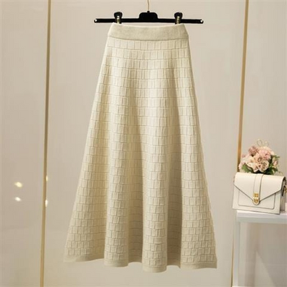 Elastic High Waist Knitted Skirt Women Plaid Solid Color A-line Bag Hip Skirt