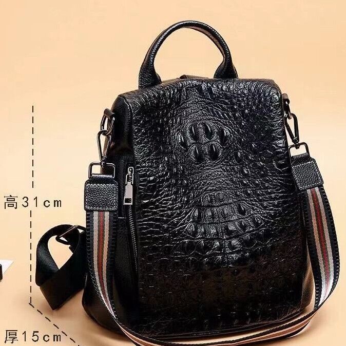 Soft Leather Black Backpack, Desinger Crocodile Print Women's Travel Bag School