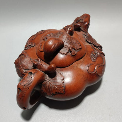 Vintage Chinese Yixing Purple Clay Teapot Zisha Ceremony Carving Squirrel Grape