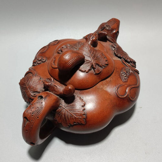 Vintage Chinese Yixing Purple Clay Teapot Zisha Ceremony Carving Squirrel Grape