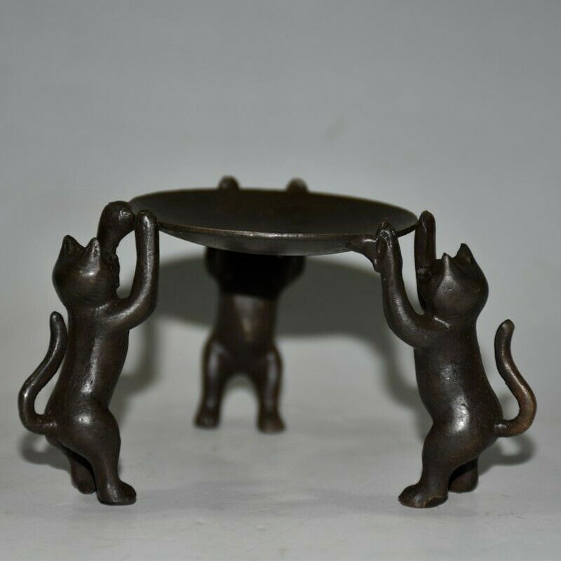 Old Chinese bronze copper handmade Three cats Candlestick statue