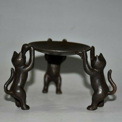 Old Chinese bronze copper handmade Three cats Candlestick statue