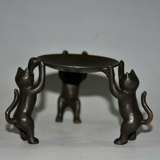 Old Chinese bronze copper handmade Three cats Candlestick statue