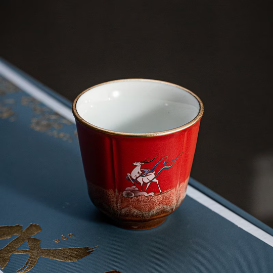 Set of 4 Cups Cute Deer Ceramic Tea Cup Small Gongfu Cup of Tea 50ml