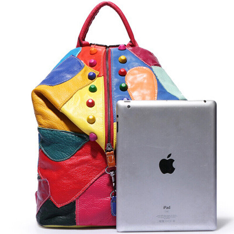 Sheepskin Leather Women's Colorful Blocks Patchwork Backpack Travel Bag Rucksack