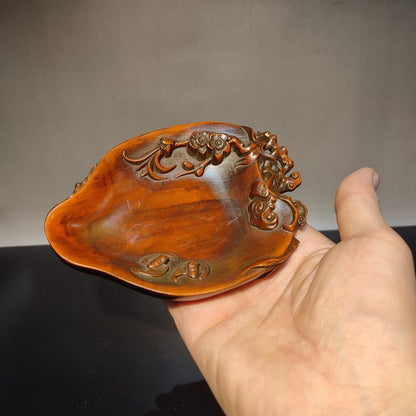 Old Beijing Boxwood Carved Flower Statue Writing-Brush Washer Cleaner Bat Gift