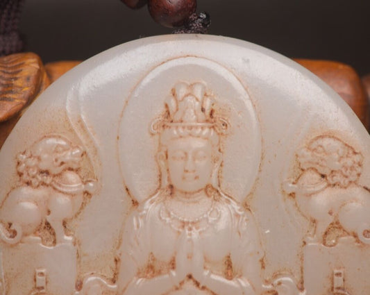 Top Chinese Natural Hetian Jade Carved Lion Guanyin Statue Figurines Pendant Art