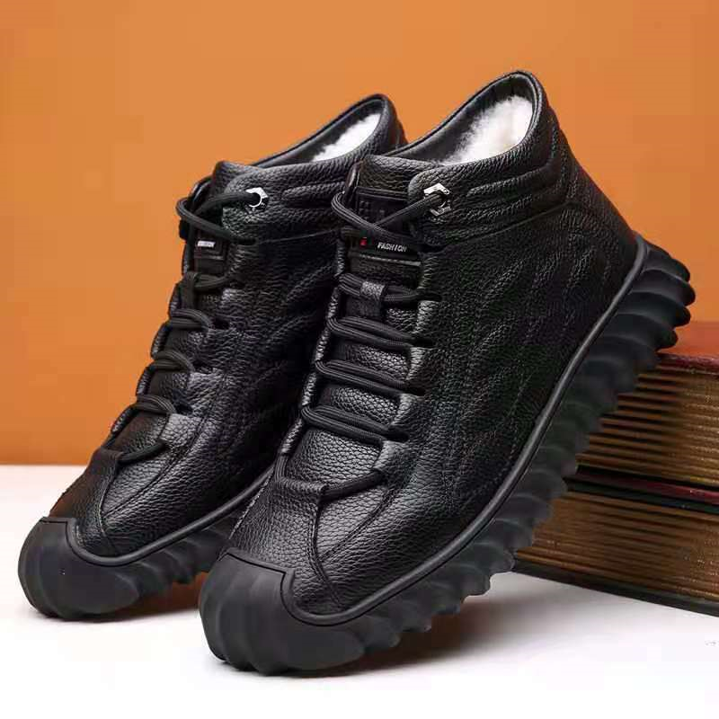 Winter Fur Lined Men's Warm Lace-Up Shoes Faux Leather High-Top Ankle Snow Boots