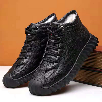 Winter Fur Lined Men's Warm Lace-Up Shoes Faux Leather High-Top Ankle Snow Boots