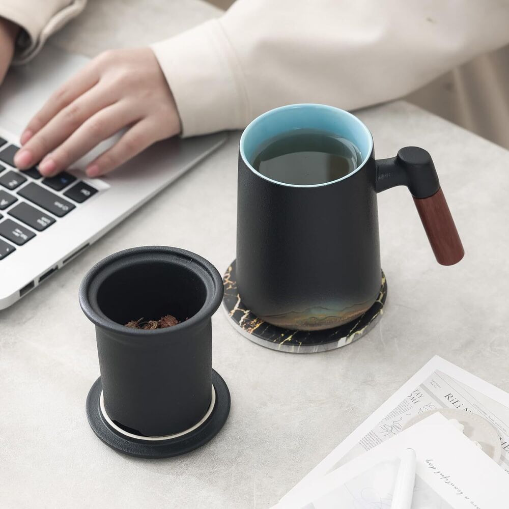 Handmade Ceramic Tea Cup with Infuser & Lid Mug with Bamboo Handle Kitchen Decor