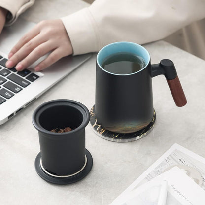 Handmade Ceramic Tea Cup with Infuser & Lid Mug with Bamboo Handle Kitchen Decor