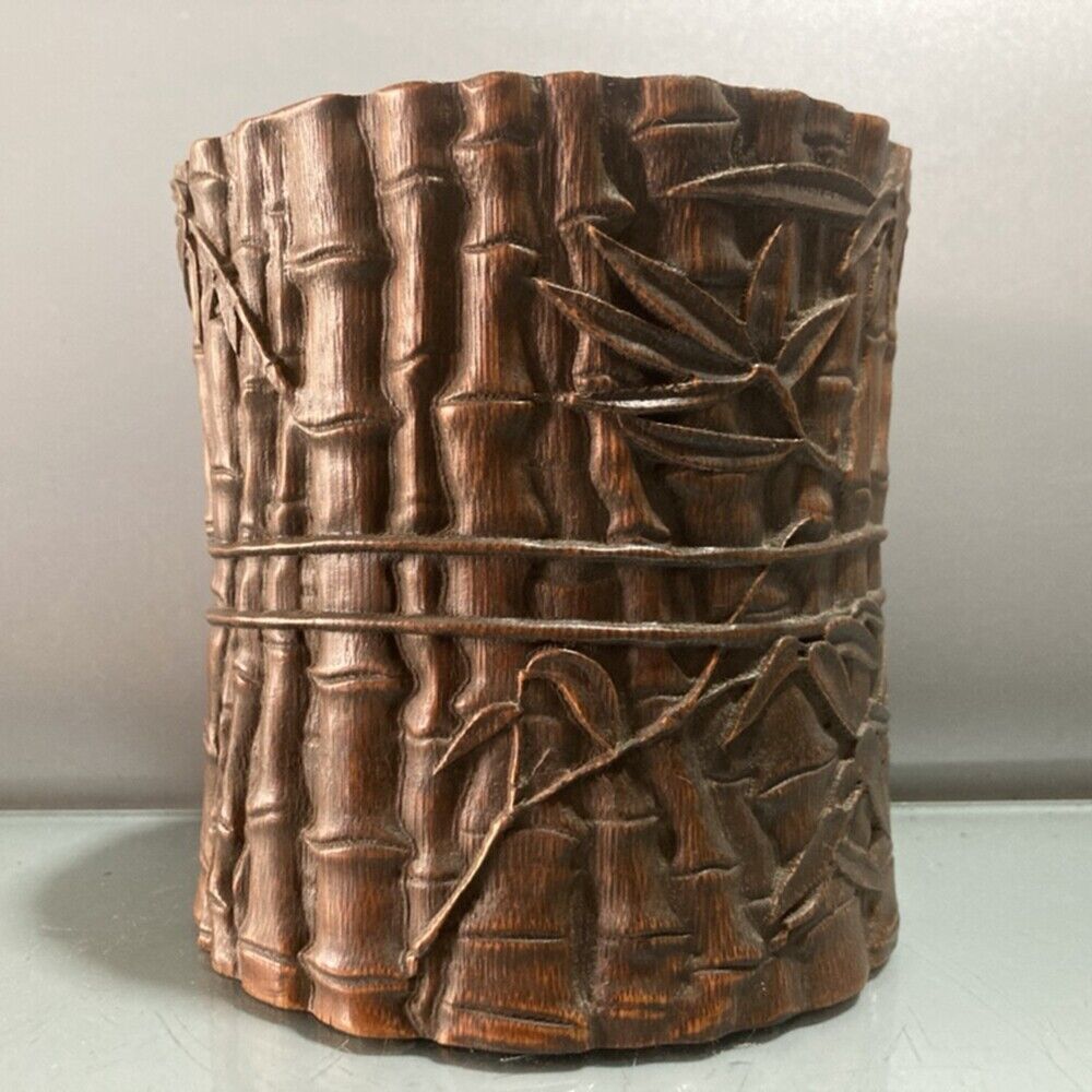 chinese bamboo carving antique carved brush pot pen case wood statue bamboo leaf